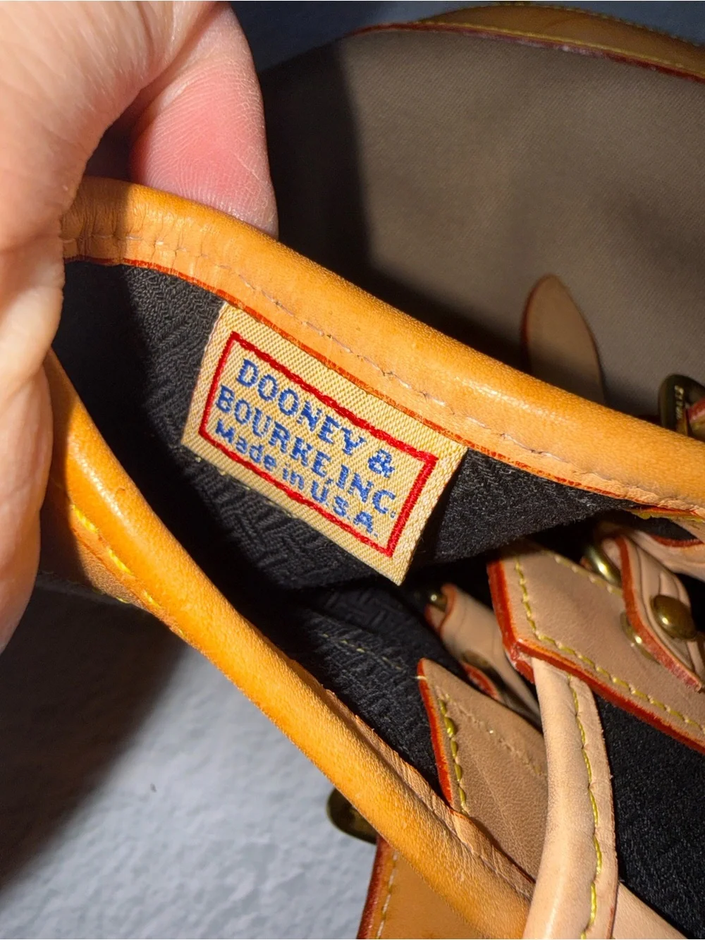 Vintage Dooney & Bourke USA Canvas Bucket Tote British Tan Leather Duck Tag